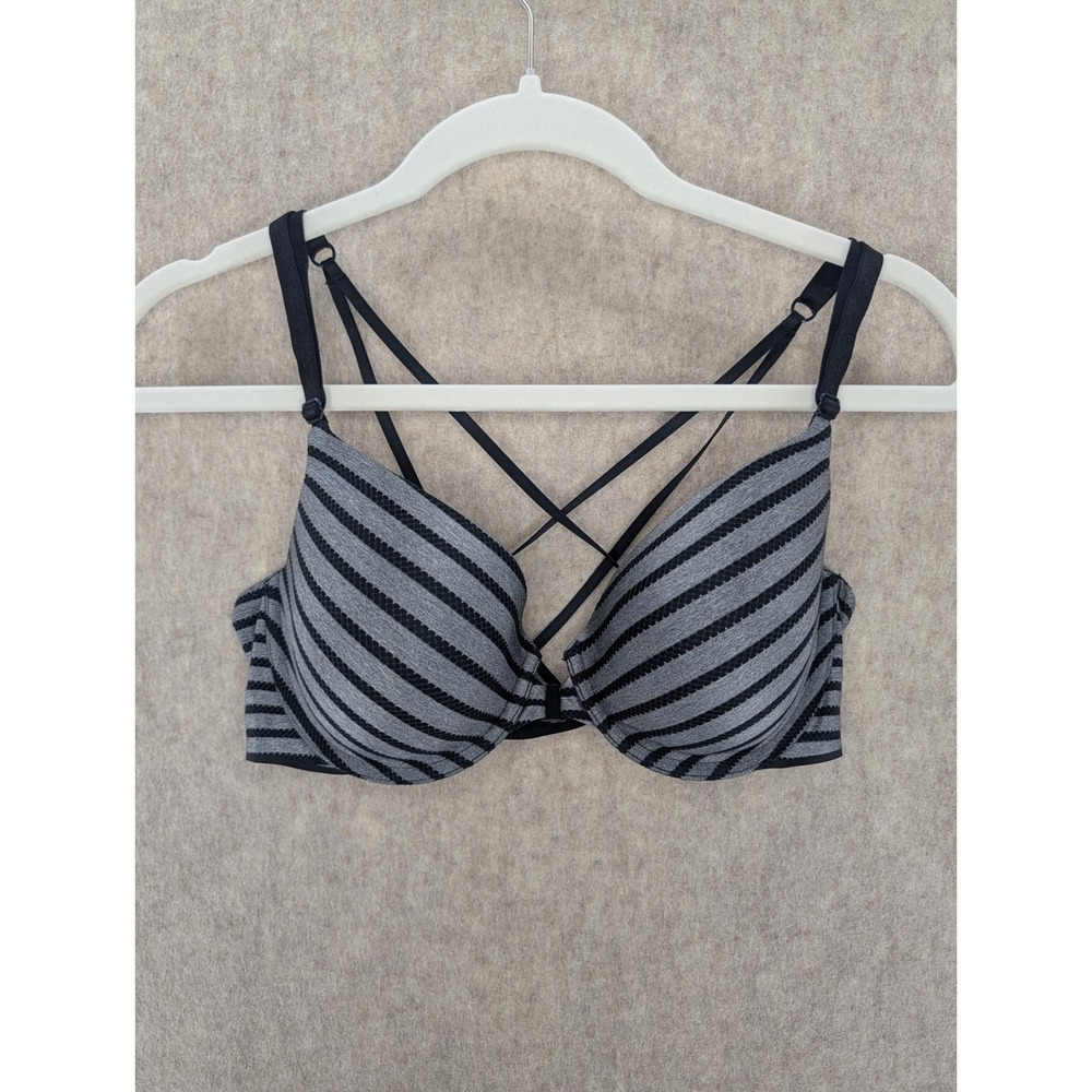Victoria's Secret Striped Uplift Demi Bra Black Gray Crisscross Straps Size 36C